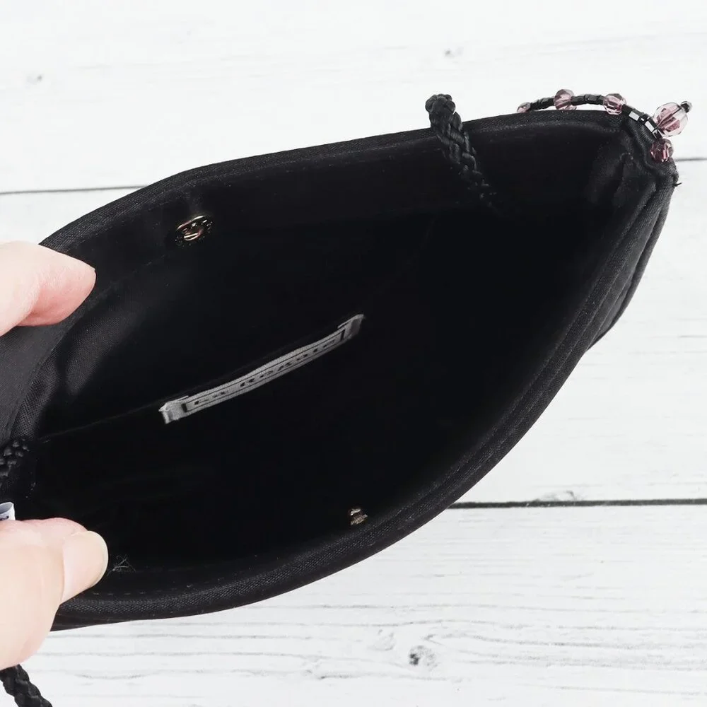 La Regale Black Satin Mini Crossbody or Clutch Bag Beaded Tassels Button Closure